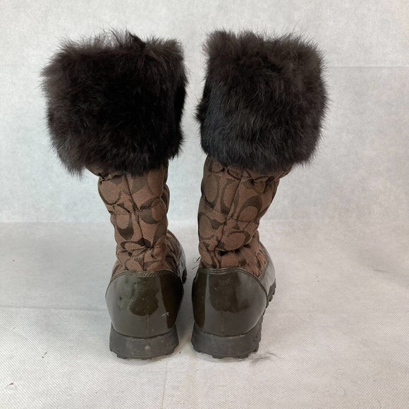 Coach Boots Women‎ Sz 7.5 Brown Signature Logo Print Joyous Fur Cuff Winter Snow - Picture 3 of 7
